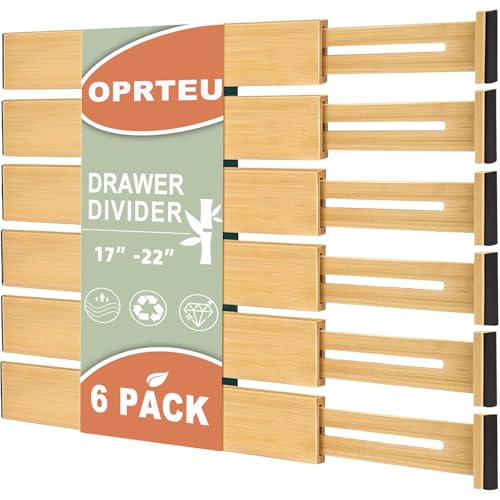 OPRTEU 6-Pack Bamboo Drawer Dividers Organizer – Expandable 17''-22'' Kitchen & Clothing Storage for Deeper drawers of Dresser, Bedroom, Kitchen, Office