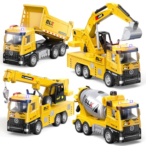 ORANGE OCEAN 4 Pcs Construction Truck Toys for 2 3 4 5 Year Old Boys, 9" Construction Vehicles with Light & Sound, Trucks for Toddlers 2-4 Years, 2 3 4 5 Year Old Boy Birthday Gifts