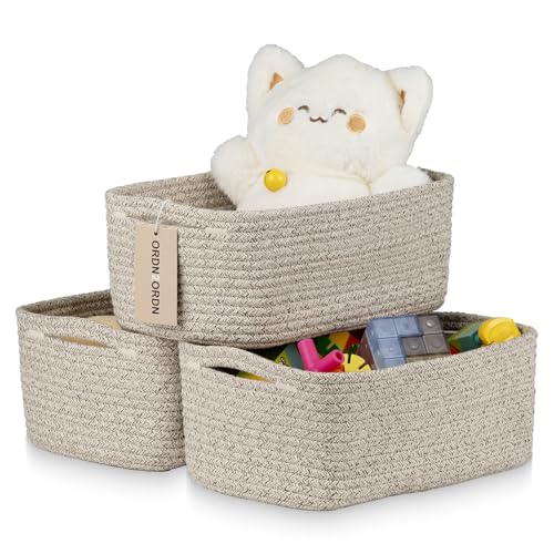 Ordn2Ordn Small Baskets for Organizing, Small Woven Storage Baskets for Shelves, 3 Pack Basket for Nursery, Bathroom and Living room, 11x7.5x4.5 in, Mixed Brown
