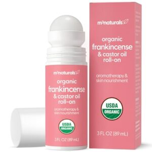 Organic Castor Oil + Frankincense Roll-On | USDA, Cold-Pressed, Hexane Free, Vegan Castor Oil with Frankincense Essential Oil | Body Massage Oil for Aromatherapy & Lymphatic Massage, 3 oz, by M3