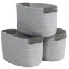 Organizix 3 Pack Cotton Rope Storage Basket Woven Shelf Storage Bin with Faux Leather Handles, Decorative Closet Shelf Woven Basket for Storage Organizers, 15 x 10 x 9, Gray