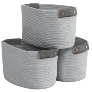 Organizix 3 Pack Cotton Rope Storage Basket Woven Shelf Storage Bin with Faux Leather Handles, Decorative Closet Shelf Woven Basket for Storage Organizers, 15 x 10 x 9, Gray