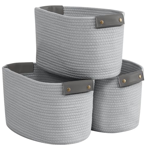 Organizix 3 Pack Cotton Rope Storage Basket Woven Shelf Storage Bin with Faux Leather Handles, Decorative Closet Shelf Woven Basket for Storage Organizers, 15 x 10 x 9, Gray