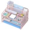 OrgMate 3 Tier Mesh Desk Organizer,Multi Functional Letter Paper Tray with 3 Pen Holders and 5 Adjustable Storage Compartments for Office Supplies Files and Mail Space Saving Desktop Organizer-Pink
