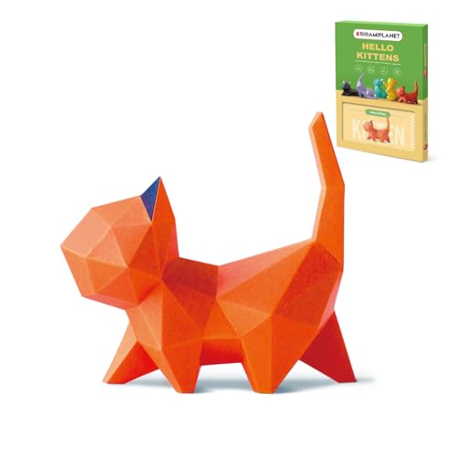 ORIGAMIPLANET 3D Origami Paper Craft Kit, Walk Kitten Cute DIY Pre-Cut Animal Papercraft Model for Beginners, Fun Handmade Home Decoration Gift for Adults & Teens-Orange