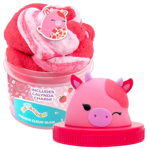 Original Squishmallows Calynda The Cow Premium Cloud Slime, Strawberry Scent, 8 oz. Jar Storage Container with Figurine Topper, Rubber Charm, Goodie Bags Stuffers, Kids Party Favors, Sensory Toys