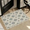 ORTIGIA Scalloped Easy Jute 2x3 Area Rug Vintage Blue Block Floral Farmhouse Washable Rug Non-Slip Indoor Outdoor Carpet for Living Room Bedroom Kitchen Patio Entryway