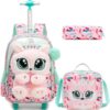 Oruiji Kids Rolling Backpack for Girls with Wheels,Cute 3D Fox School Bag Set with Lunch Bag & Pencil Case,Large Capacity Trolley Bookbag
