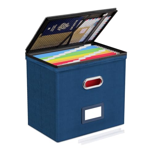 Oterri File Organizer Boxes with Lids, File Box with Mesh Pockets, Document Organizer Box for Letter Size Folders, Zippers Important Document Organizer (Dark Blue, Small-1 Pack Without Folders)