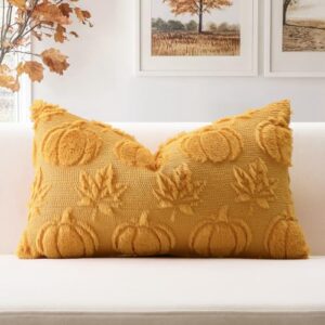 OTOSTAR Fall Pillow Cover Set of 1 Autumn Pumpkin Maple Leaves Throw Pillow Covers for Sofa Couch Bed Living Room Soft Plush Short Wool Velvet Farmhouse Pillowcase for Party Gold 12x20 Inch