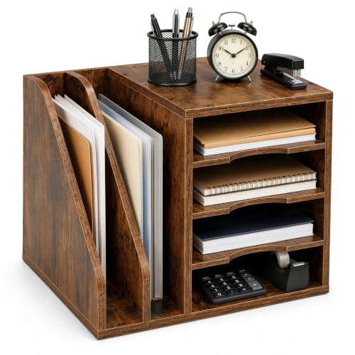 OUKMIC Wood Desk Organizer, 4-Tier Desktop File Organizer with 2 Side Slots, Desk Shelf Paper Organizer with Anti-Slip Pads, Easy Assembly Desk Accessories for Mail, Envelopes, Home Office, Brown
