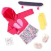 Our Generation Skate Into Fun Outfit for 18 Inch Dolls, Hooded Sweater, Graphic Skort, Doll Skateboard with Stickers, Socks and Rainbow Shoes, Doll Clothing and Skateboarding Accessory Set, Ages 3+