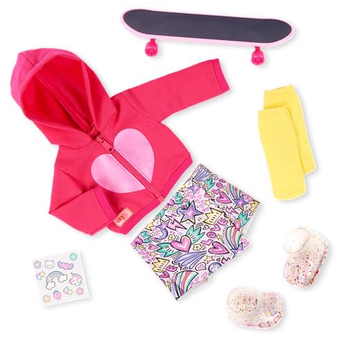 Our Generation Skate Into Fun Outfit for 18 Inch Dolls, Hooded Sweater, Graphic Skort, Doll Skateboard with Stickers, Socks and Rainbow Shoes, Doll Clothing and Skateboarding Accessory Set, Ages 3+