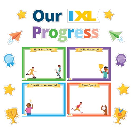 Our IXL Progress 18PC Dry Erase Bulletin Board Set, Header, Write-On Wipe-Off Posters, and Colorful Cardstock Cutouts, Goal Trackers Charts and Teacher Supplies for Classroom Management
