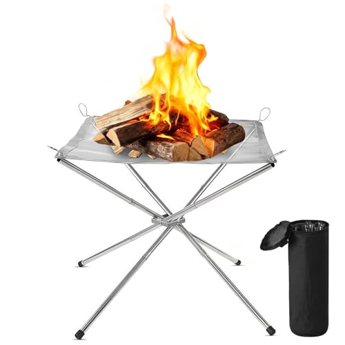 Outdoor Fire Pit, 22 in Large Collapsing Firewood Stand, Portable Stainless Steel Mesh Fireplace with Carrying Bag, Easy Assembly Fire Rack for Camping, Picnic, Beach, Backyard BBQ