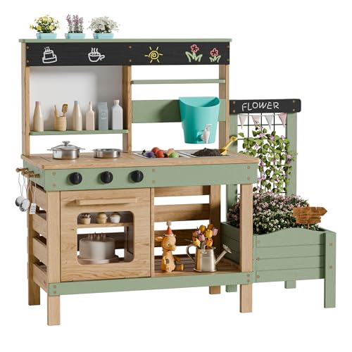 Outdoor Mud Kitchen for Kids, Wooden Pretend Play Kitchen with Plant Growing Box, Removable Sink, Oven and Stove, Kids Kitchen Playset with Kitchen Accessories for Backyard & Garden