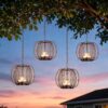 Outdoor Solar Hanging Lantern, 4 Pack Hand Woven Copper Wire Pumpkin Candle Holders with Solar Tea Lights, IP65 Waterproof with Hanging Hooks for Gazebo, Tree, Pergola, Patio Garden Decor