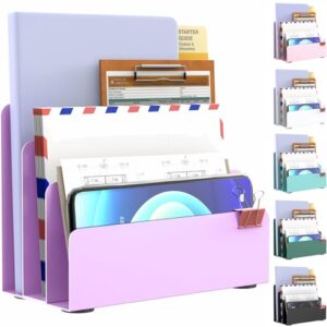 OUTIOE Mail Organizer Countertop, Small Desk File Organizer, Metal File Holder - Essential Workspace Organizers for Office Desk, Home Office (Purple)