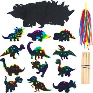 Outus 120pcs Scratch Dinosaur Craft Art Kits for Kids with 48 Scratch Dinosaur Paper24 Wooden Styluses and 48 Ribbons for Theme Birthday Party Game Supplies