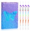 Outus 4 Pcs Sequin Girls Journal Valentines Journal Gift with Color Gel Ink Pens Glitter Notebook Flip Writing Diary for Kids Girl Writing Drawing Travel Gifts(Gradient Blue,Butterfly)
