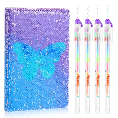 Outus 4 Pcs Sequin Girls Journal Valentines Journal Gift with Color Gel Ink Pens Glitter Notebook Flip Writing Diary for Kids Girl Writing Drawing Travel Gifts(Gradient Blue,Butterfly)
