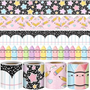 Outus 4 Rolls 131.2 ft Back to School Bulletin Board Border - Pastel Compositior Classroom Decoration Star Crayon Rainbow Pencil Welcome Back Borders Trim for First Day of School Office Home Wall