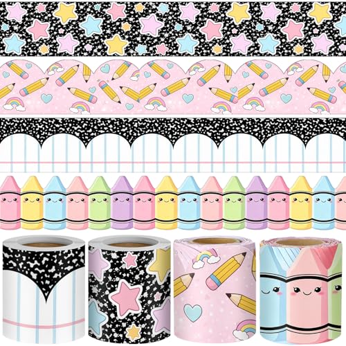 Outus 4 Rolls 131.2 ft Back to School Bulletin Board Border - Pastel Compositior Classroom Decoration Star Crayon Rainbow Pencil Welcome Back Borders Trim for First Day of School Office Home Wall