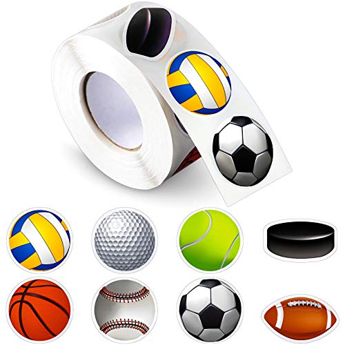 Outus 800 Pcs Sports Stickers Waterproof Sports Ball Sticker Labels Roll 1.38'' Basketball Baseball Soccer Football Tennis Golf Puck Volleyball Decorative Decals for Birthday Themed Party
