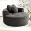 Oversized Round Bean Bag Chair with Curved Armrest, Large Circular Corduroy Accent Lounge Sofa with 2 Heart Throw Pillows, High Density Foam Comfy Reading Nook Lazy Couch,