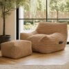 Oversized Striped Corduroy Bean Bag Chair with Ottoman for Adults, 41.7" Large Lazy Floor Sofa Set with Side Pocket & Carry Handle, Anti-Slip Bottom Comfy Bean Bag Lounge Chair,