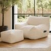 Oversized Striped Corduroy Bean Bag Chair with Ottoman for Adults, 41.7" Large Lazy Floor Sofa Set with Side Pocket & Carry Handle, Anti-Slip Bottom Comfy Bean Bag Lounge Chair,
