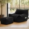 Oversized Striped Corduroy Bean Bag Chair with Ottoman for Adults, 41.7" Large Lazy Floor Sofa Set with Side Pocket & Carry Handle, Anti-Slip Bottom Comfy Bean Bag Lounge Chair,