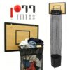 Over the Door Basketball Laundry Hamper, Wooden Backboard Hanging Laundry Basket with Removable Zipper Mesh Bag, No-Drill Space-Saving Organizer for Bedroom Bathroom Dorm, Includes Basketball and Pump