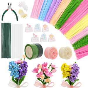 Ovveroche 1000 PCS Pipe Cleaners Craft, Pipe Cleaner Bulk Flower Kit with Handle, 7 Colors Chenille Stems Flower Making Kit with Floral Wires, Gardening Tape, Stamen, Ribbon for Art Craft Supplies