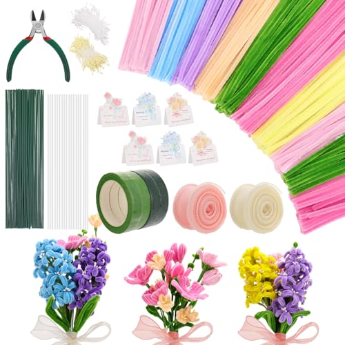 Ovveroche 1000 PCS Pipe Cleaners Craft, Pipe Cleaner Bulk Flower Kit with Handle, 7 Colors Chenille Stems Flower Making Kit with Floral Wires, Gardening Tape, Stamen, Ribbon for Art Craft Supplies