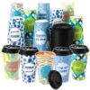 Ovveroche 50 Pack 16 oz Disposable Coffee Cups with Lids Blue Colorful