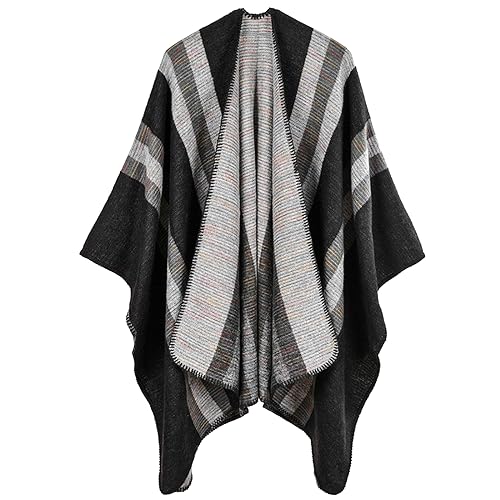 OWIF Women's Shawl Wraps Open Front Travel Poncho Cape Warm Oversized Plaid Sweaters Casual Cardigan Shawls for Fall Winter,Series 04-Stripe Black