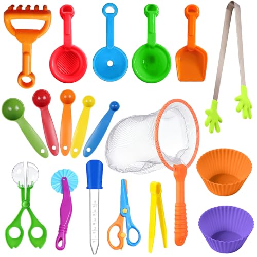 OWIU&REFN 19 Pieces Sensory Bin Filler, Sensory Bin Tools Set with 5 Scoops, Tweezers, Mini Silicone Tong, Scissors Clip, Dropper, Beach Shovels, Funnel, Sensory Bin Accessories Tools