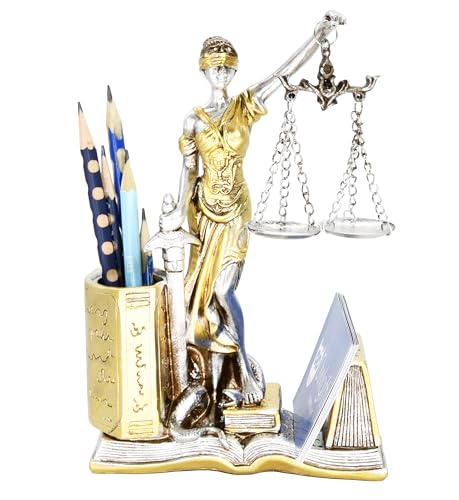 Owlgift Lady of Justice Pen Holder, Sliver Justitia Resin Pencil Cup Desk Organizer, Scales & Sword Legal Office Decor Gift for Lawyer Judge Prosecutor, 7.9" Tall (5.0" W x 2.2" D)