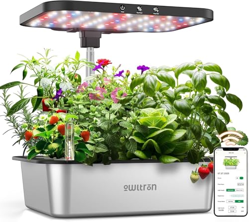 owltron Smart Hydroponics Growing System Kit,15 Pods Indoor Herb Garden with 36W LED Grow Light & APP Control, Planting Height Up to 30", Quiet Water Pump, Ideal Gift for All Ages Dark Silver