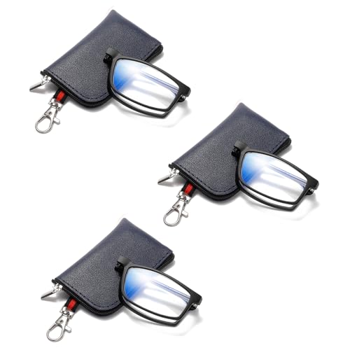 OWTXIS Folding Reading Glasses for Women Men, Blue Light Easy Carry Readers with Ultra-light Pocket Keychain Bags (Black, +2.25)