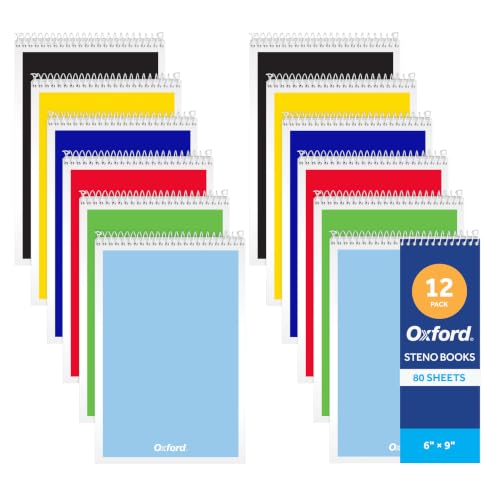 Oxford Steno Pads, 12 Pack, Primary Covers, 6 x 9 Inches, 160 Pages, 80 Sheets, Top Spiral Notebook, Gregg Ruled White Paper, Compact Writing Pad Set for Notetaking, Proudly Made in the USA