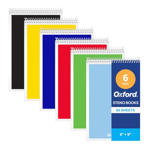 Oxford Steno Pads, 6 Pack, Primary Covers, 6 x 9 Inches, 160 Pages, 80 Sheets, Top Spiral Notebook, Gregg Ruled White Paper, Compact Writing Pad Set for Notetaking, Proudly Made in the USA