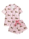 OYOANGLE Pajama Sets for Women 2 Piece Dachshund Print Cute Pjs Button Up Shirt and Shorts Lounge Set Pink X-Large