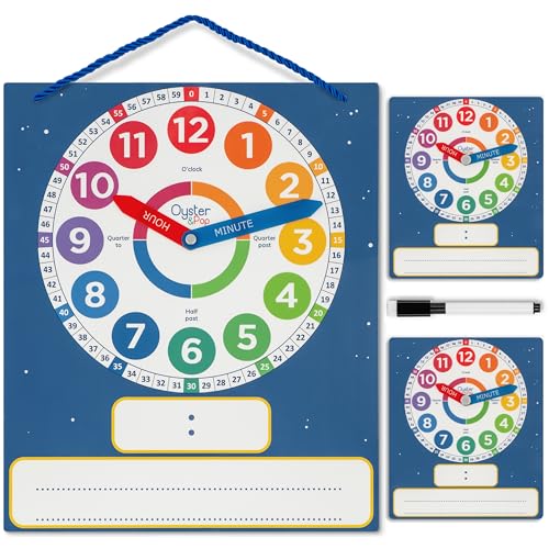 Oyster&Pop Practice Clock for Learning Time - 3 Pack Dry Erase Telling Time Teaching Clocks for Kids with Movable Hands - 1 Large Magnetic Clock + 2 Student Clock - Includes eBook