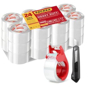 PACKKA Heavy Duty Packing Tape for Moving Boxes and Packaging Supplies, 6/12/18/24 Rolls Clear Moving Tape with Dispenser and Utility Knife, 1.89in. X65yd, Mailing and Moving Supplies (24)