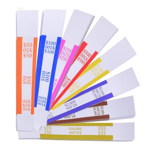 Pack of 800 Money Bands for Cash, Currency Straps, Money Straps for Bills, Cash Bands, Dollar Bill Wrappers to Organize Cash - Self-Adhesive Money Band, 8 Colors - 100 of Each Denomination