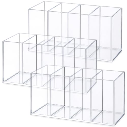 Pajean 3 Pack Acrylic Pen Pencil Holders 4 Compartments Clear Pencil Pen Holder Organizer Makeup Brush Holder Acrylic Pencils Organizer Cup for Office Home Supplies Desk Accessories