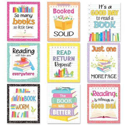 Pajean 9 Pcs Reading Posters for Library Classroom Reading Comprehension Posters Book Bulletin Boards Library Corner Chalkboard Wall Decor for Elementary Middle High School Decorations (Composition)