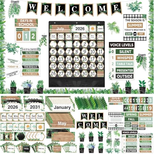 Pajean Classroom Calendar Pocket Chart Set with Cards Welcome Seasons Festival Weather Pocket Chart for Classroom Decoration Back to School Homeschool Teacher Supplies (greenery, 203 Pcs)